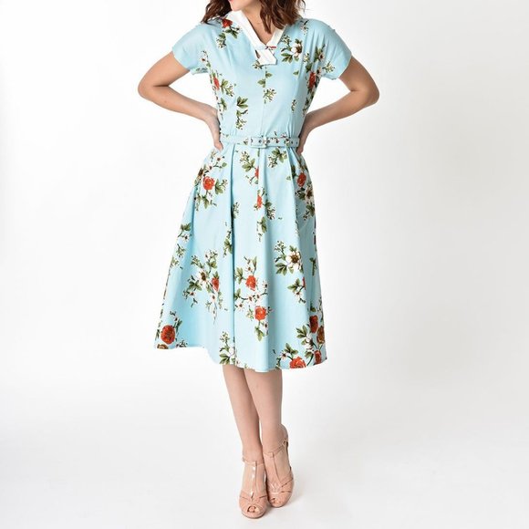 Unique Vintage Dresses & Skirts - Unique Vintage Light Blue Floral Campbell Fit & Flare Collared Swing Dress S